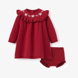 Elegant baby 9-12 mo Red Ruffle embroidered snowflake Dress with Bloomers